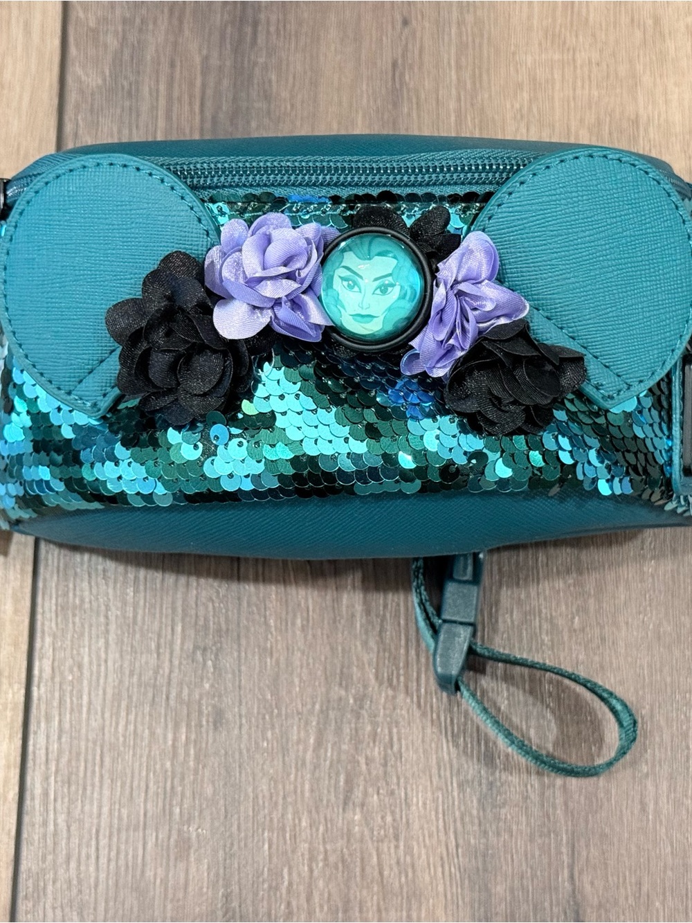 Loungefly Teal Sequin Wristlet with Purple & Black Floral Accent